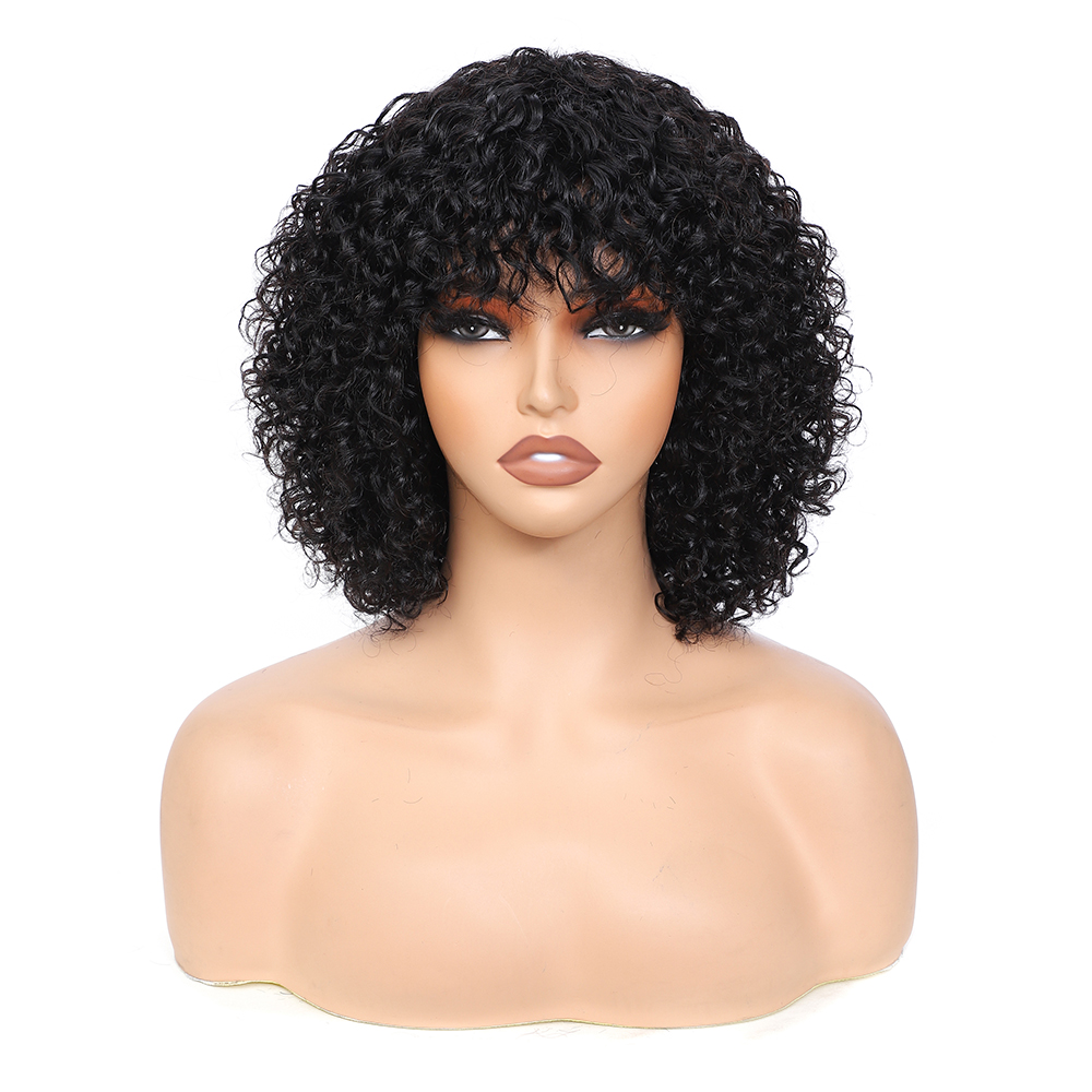 human wigs 200% density short kinky curly wave wig with bangs for black women 100% brazilian virgin human hair wigs machine made glueless wig natral b