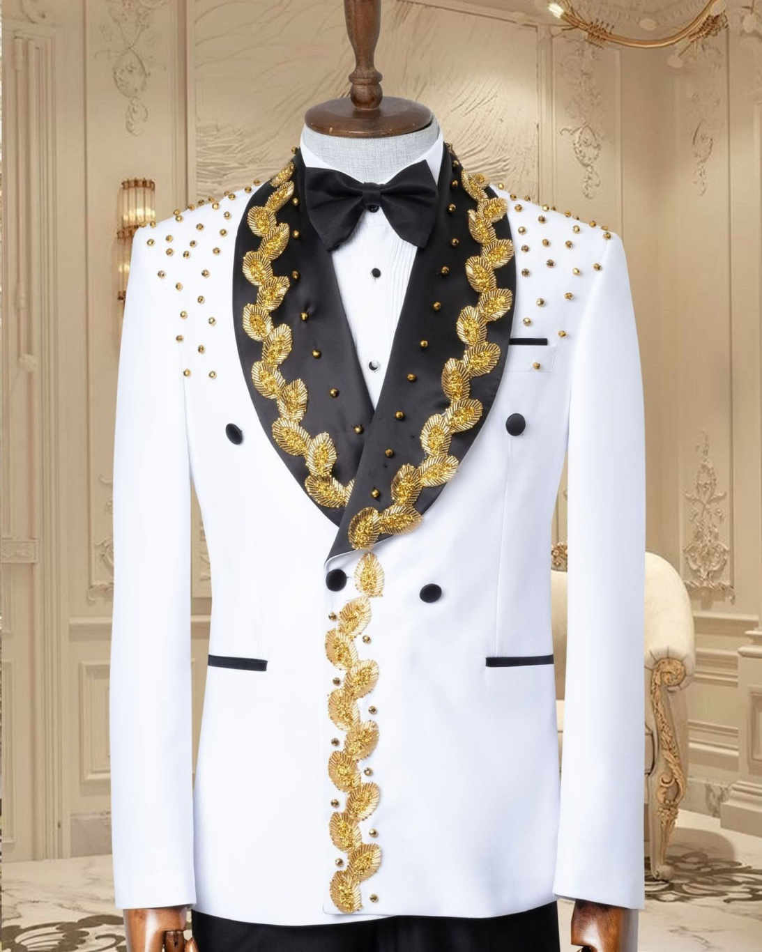 Golden Embroidery Men Suits Customized Double Breasted Groom Wedding Party Tuxedos Slim Fit Male Blazer Costumes Homme 2 Pieces