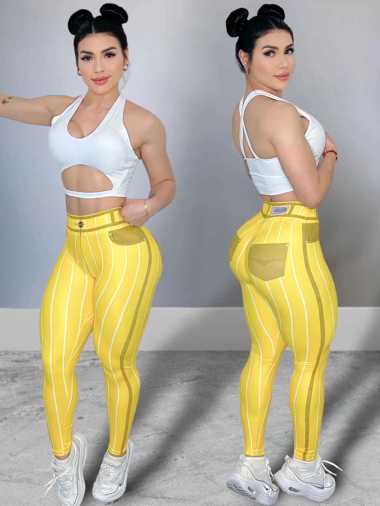 Women High Waist Sports Leggings Stripe Print Stretchable Yoga Pants Sexy Tight Fitness Workout Gym Push Up Causal PantXJ250616