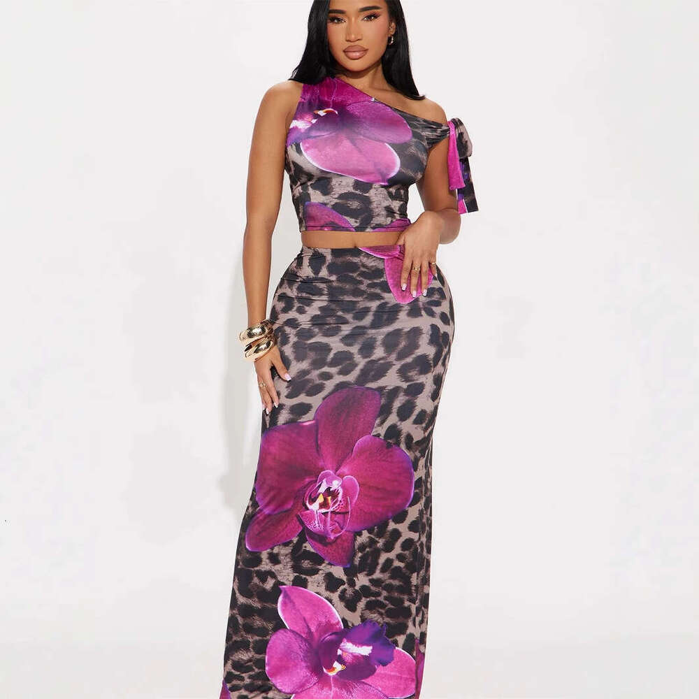 New Fashion Slim Fit Elegant Printed Asymmetric Neck Tie Short Top Bodycon Long Skirt Set B5