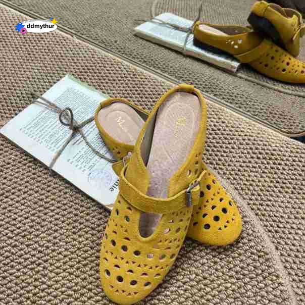 2025 New Genuine Leather Design Sense Hollow Breathable Sandals Flat Summer Mary Jane Roman Women's Shoes ddmythur