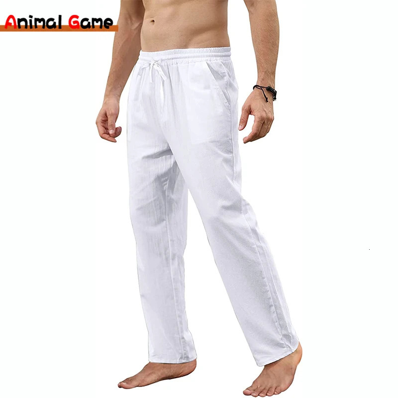 Mens Cotton Linen Pants Loose Autum Casual Pants Male Breathable Solid Color Drawstring Jogger Yoga Long Trousers 250614
