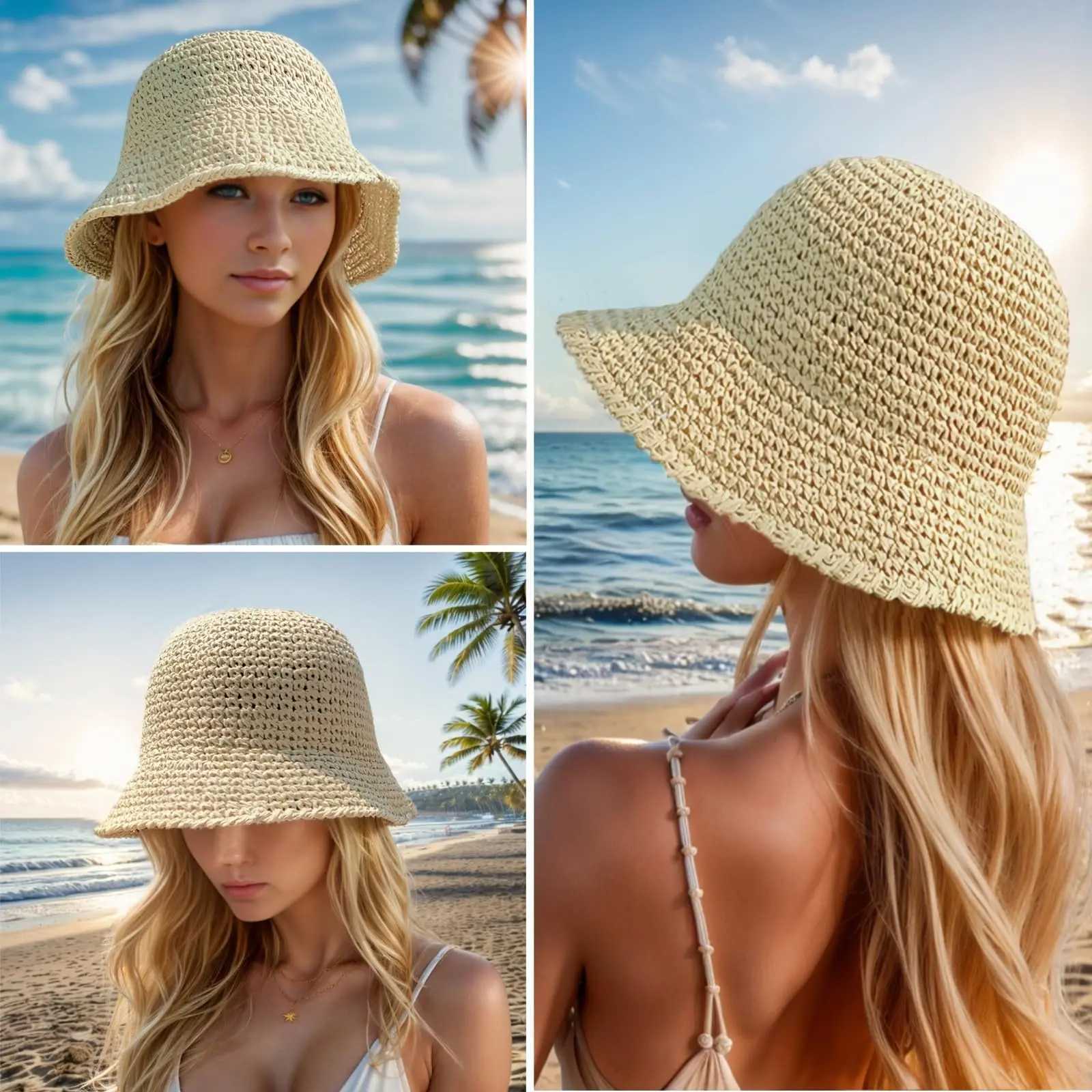Summer UV-Protect Crochet Straw Bucket Hat for Women Beach Fashionable Breathable Outdoor Sunshade Cap Foldable Visors M250616