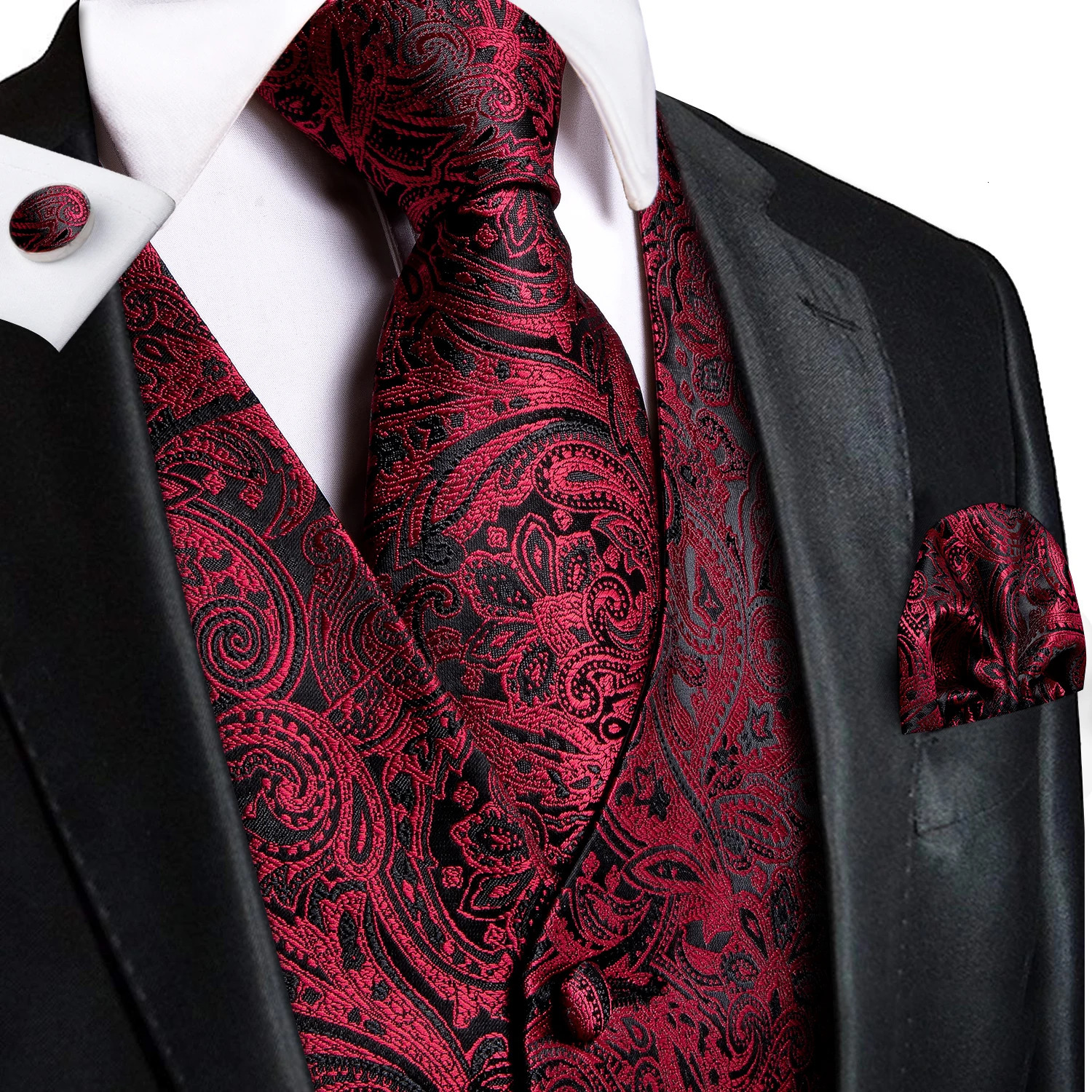 Hi-Tie 4PC Silk Mens Vest With Tie Hanky Cufflink Business Formal Dress Slim Sleeveless Jacket Burgundy Paisley Suit Waistcoat 250614
