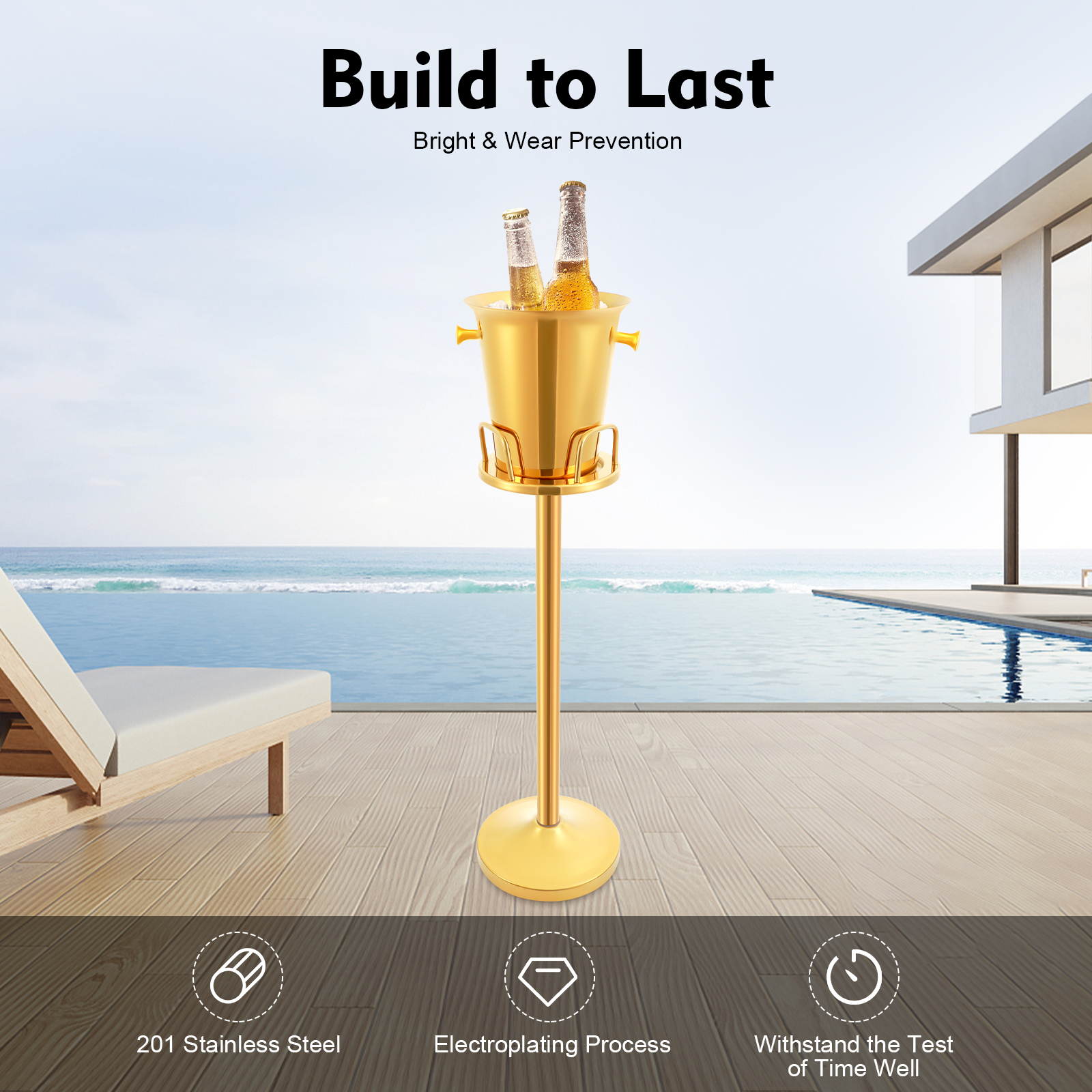 Champagne Bucket with Stand, Gold Ice Bucket Floor Standing Bar Stand Wine Cooler Gold Stainless Steel Ice Bucket Wine Bucket Champagne Chiller for BB