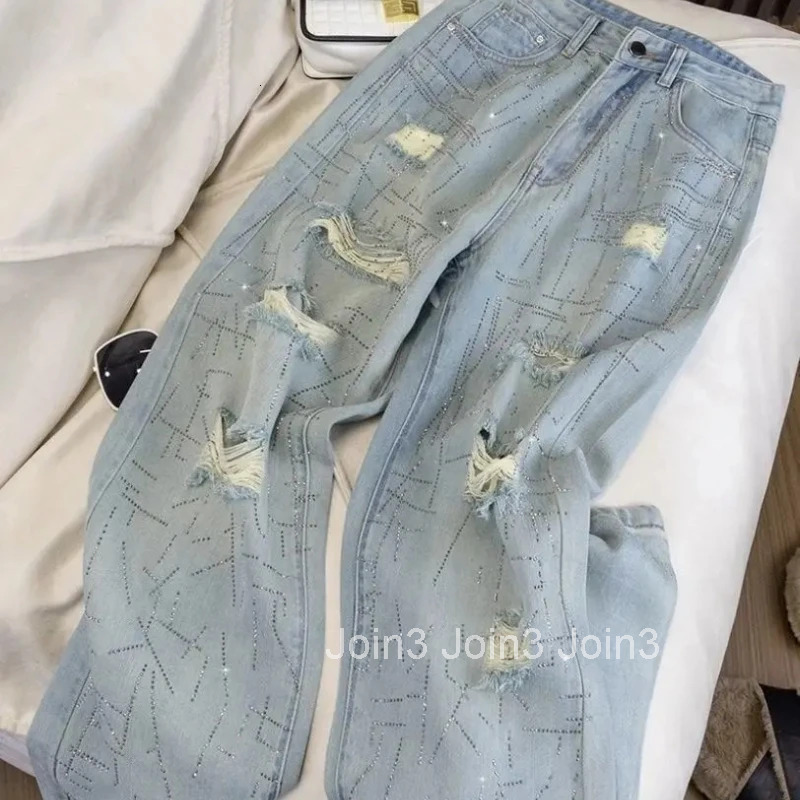 With Rhinestones Denim Pants for Women Straight Leg Woman Jeans Korean Popular Clothes 2025 Fashion Trend Streetwear Trousers