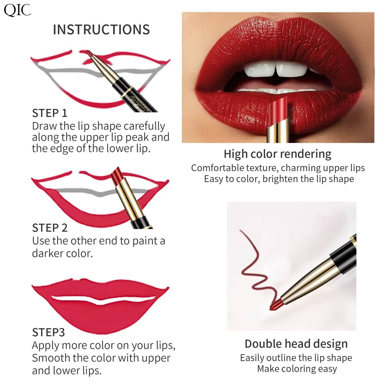 QIC Double Ended Matte Lipstick & Liner Nude 2 in 1 Lipliner Makeup Long Lasting Purple Pencil Lip Stain Cosmetic happy