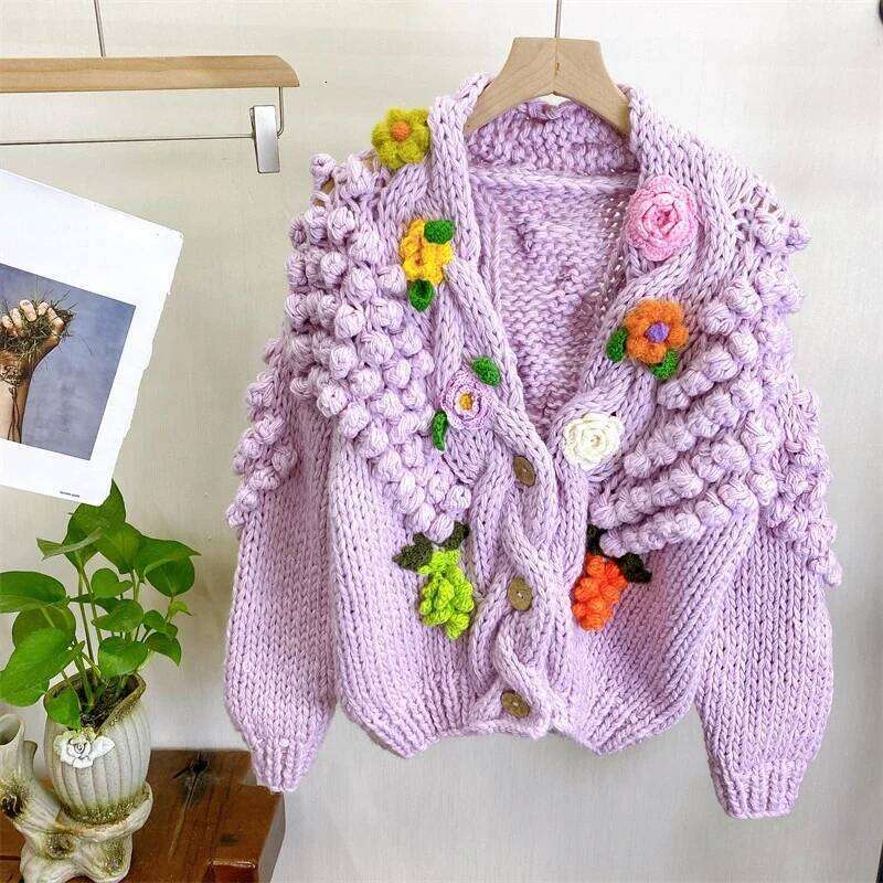 Women Hand-Knitted Cardigan With 3D Flower Design Vintage Twisted Chunky Sweater 2023 Winter New In