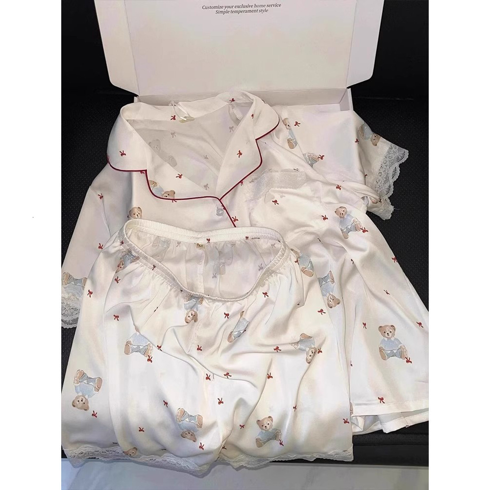 2025 New Ice Silk Women's Pajamas Summer Short Sleeve Set High end Silk Imitation Designer Home Clothes Cartoon Cute Coat 5