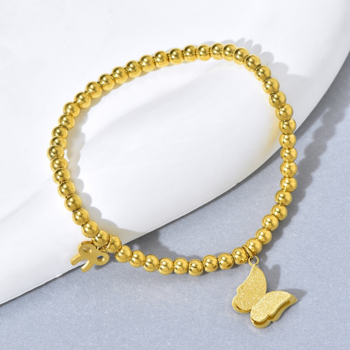 Light Style Gold Round Bead Butterfly Bracelet for Women, Stainless Unique and Versatile, Exquisite Titanium Steel, Non-Fading Jewelry