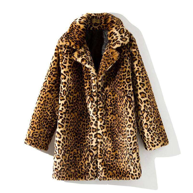 2025 Fashion Women Faux Fur Leopard Print Coat Female Sexy All-Match Mid-Length Suit Collar Warm Outerwear
