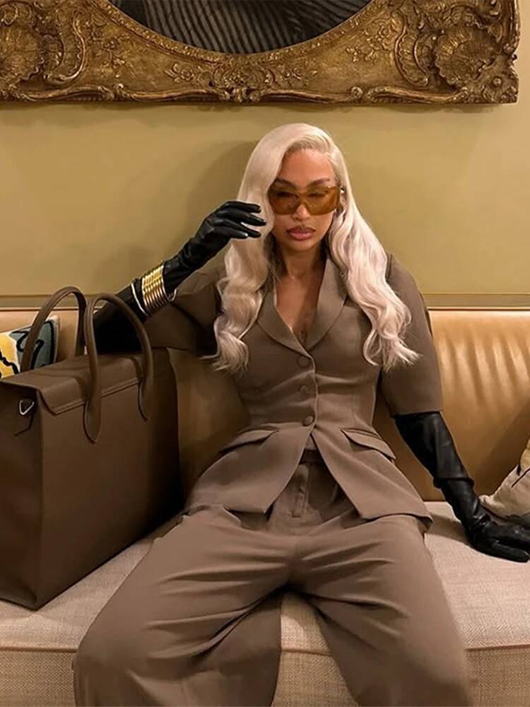 Casual Blazer Pants Suits Women Slim Half Sleeves V Neck Single Breasted Set Female 2025 Spring New Wide Legs Sets 2 Pieces