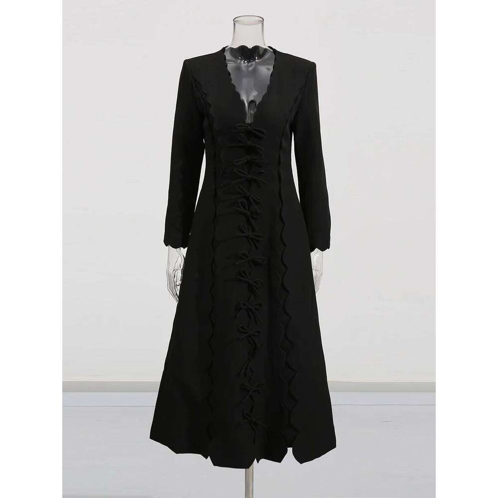 CHECEVER Black Spliced Bowknots Dresses for Women V Neck Long Sleeve High Waist Patchwork Cut Wave Hem Designer Dress Female New