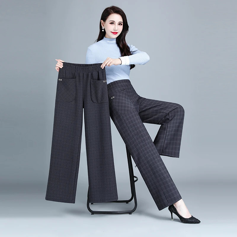 Autumn grid plus Size Pants Women Elastic High Waist Wide Leg Velvet Pant Korean Widdleaged Elderly Women Trousers 250609