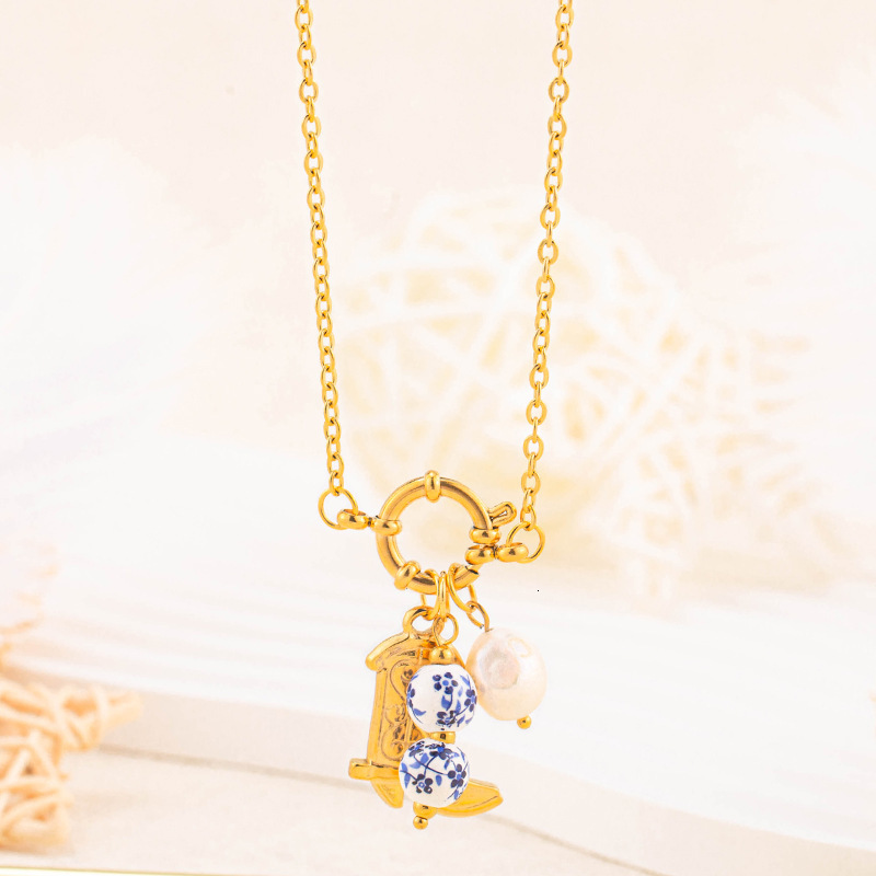 New Chinese Style Design Boots Blue and White Porcelain Bead for Women Imitation Pearl Fashionable Versatile Titanium Steel Necklace