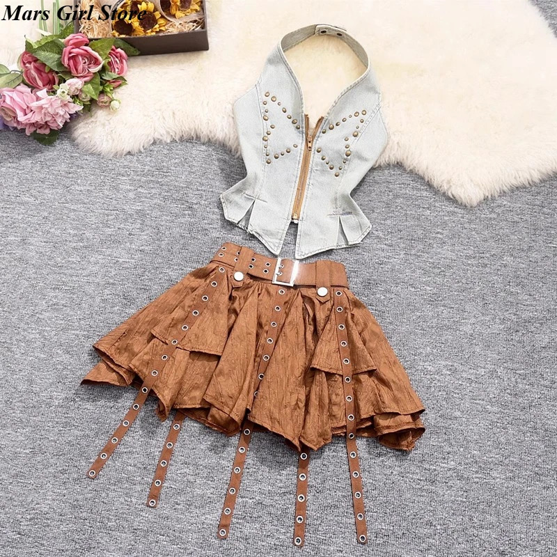Y2K Halter Denim Crop Top with Rivets Irregular Brown Mini Skirt Set Women Streetwear Grunge Two Piece Outfit Festival Fashion 250614