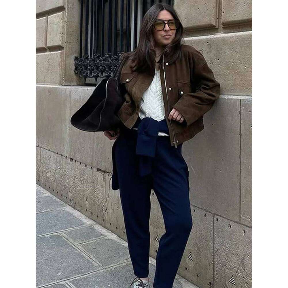 Street Suede Women's Jackets Vintage Brown Lapel Long Sleeve Female Crop Coat 2025 Spring Fashion Pocket Loose Lady Outwears