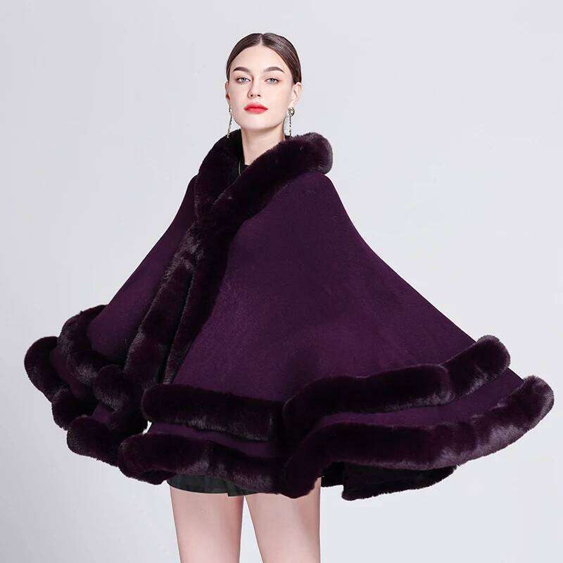 Double Layer Imitated Rex Rabbit Cape Coat Hooded Shawl Winter Women Knit Poncho Overcoat Faux Fur Wraps Big
