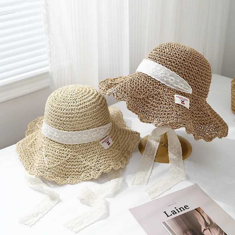 New Arrival Summer Womens Lace Bow Straw Hat Sun Protection Wide Brim Beach Bucket Hat For Outdoor Travel Casual Adjustable Foldable New U250616