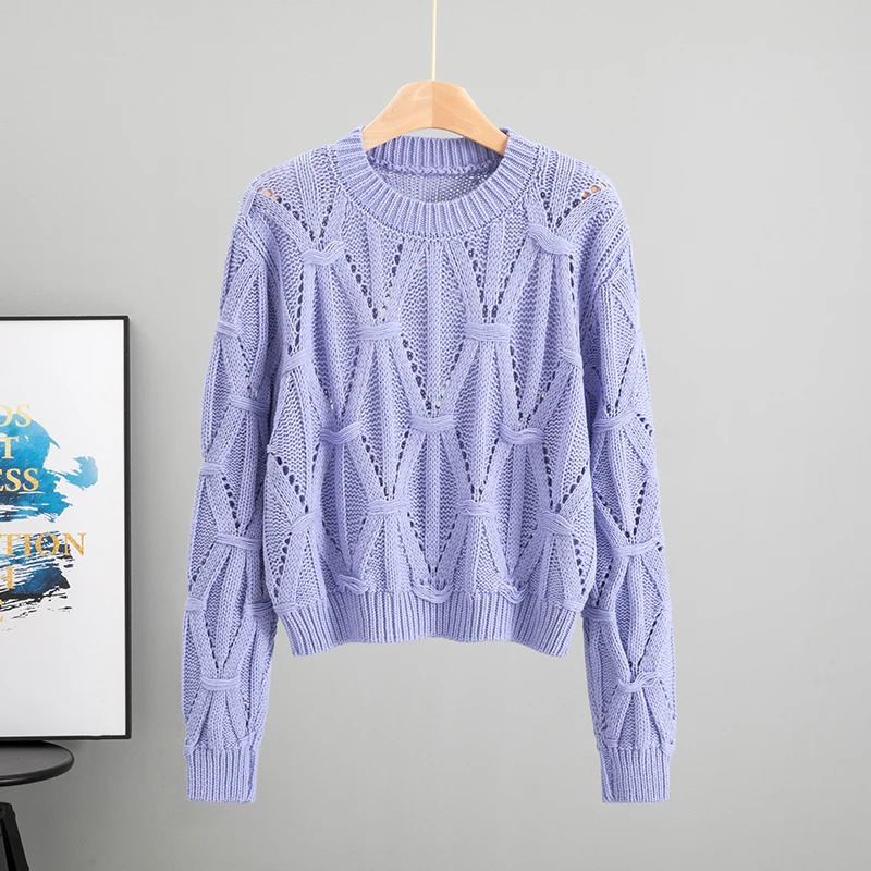 Womens Long Sleeve Top O Neck Knit Lady Autumn Spring Knitted Solid Hollow out Fashion pullover 250614