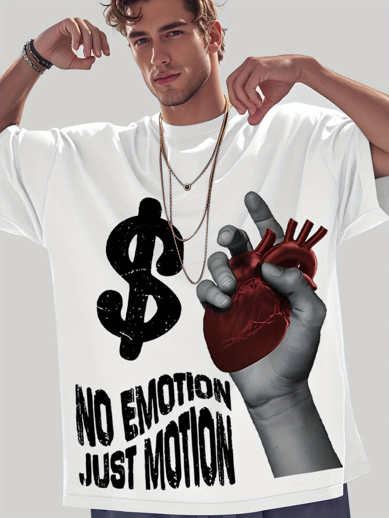 Home Relaxation| Mens Y2K Style Rich Junkie No Emotion Just Motion Cotton T-Shirt - Dual-Sided Graphic Print 250614