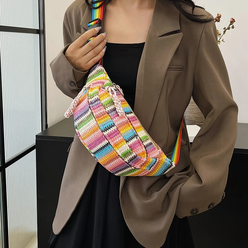 Elegance Lady Fanny Pack Hand Woven Waist Bag Summer Female Belt Bags Rainbow Stripes Crossbody Chest Banana Packs 250612