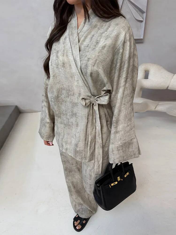 Casual Cotton Linen Pants Outfits Women Loose V Neck Lace Up Long Sleeves Female 2025 Spring Summer Chic Soft Set 2 Pieces