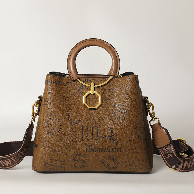 designer High-end Fashion Wide Strap Handheld Bucket Bag for Women 2025 New Vintage Print Shoulder Bag Crossbody Bag for Women