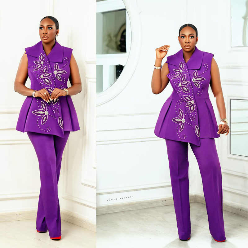 Fashion Mother Suits 2 Piece Set Jacket Pants Beaded Pearls Women Business Blazer One Button Sleeveless Work Wear Ladies Suit Customized