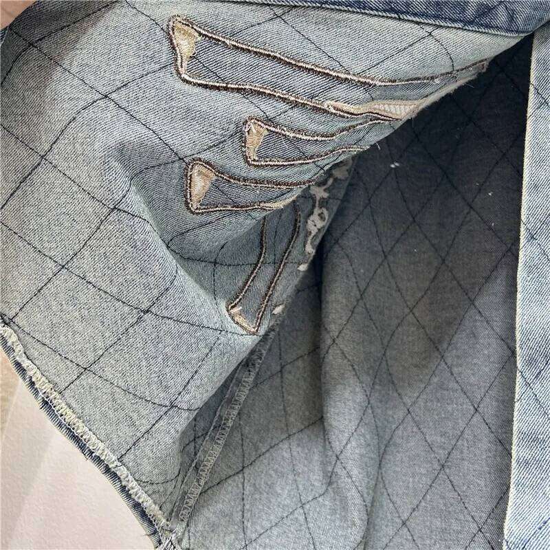 WTHT Trendy Women's Embroidery Animal Design Plaid Denim Shirt 2025 Summer Fashion Lapel Long Sleeve Blouse Female 1LS1345