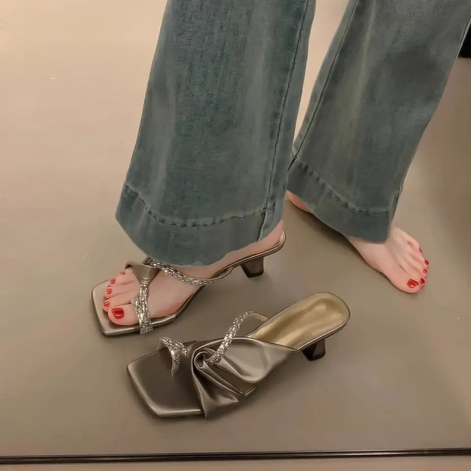 Open Toe Rhinestone Slides Heeled Sandals Fashion Low Price Woman Slippers er 39 On Sale Casual Shoes for Women 250614