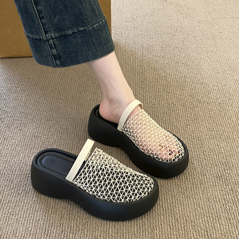 Ddmysports Wedge High Heel Fishnet Hollow Out Closed Toe Mules Women S Shoes Outdoor Summer Internet Celebrity Thick Sole Sandals Outdoor Shoes