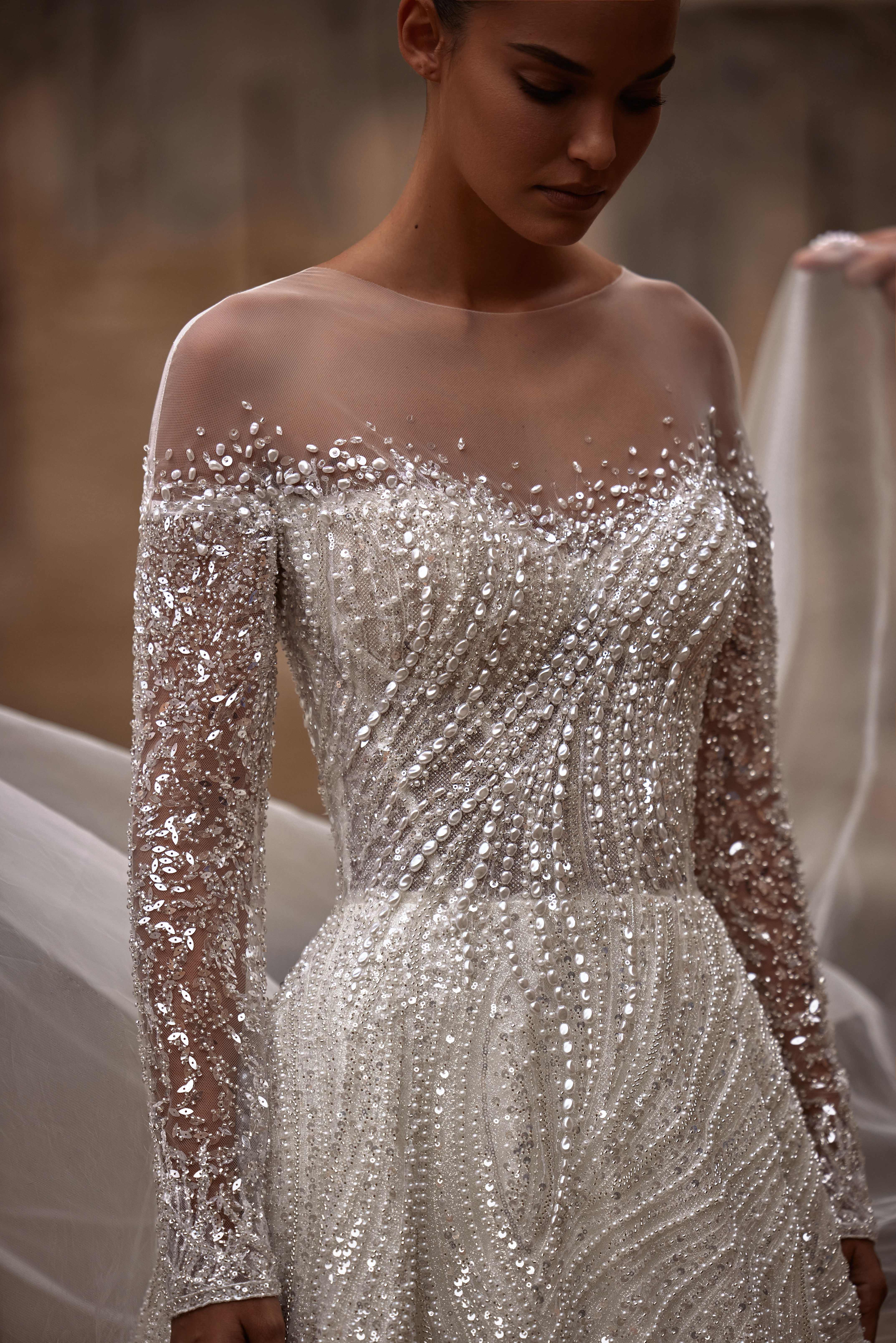 Gorgeous A Line Women Wedding Dress Sheer Neck Long Sleeves Bridal Gowns Beaded Sequins Sweep Train Dress Custom Made vestidos de novia