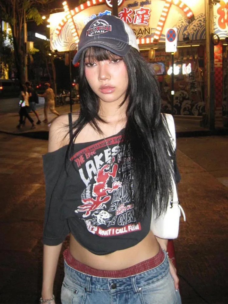 Gothic Tee Y2k Letter Print Off Shoulder Punk T-shirts Women Harajuku Summer Streetwear Grunge T Shirt Aesthetic Sexy Crop Tops 250614