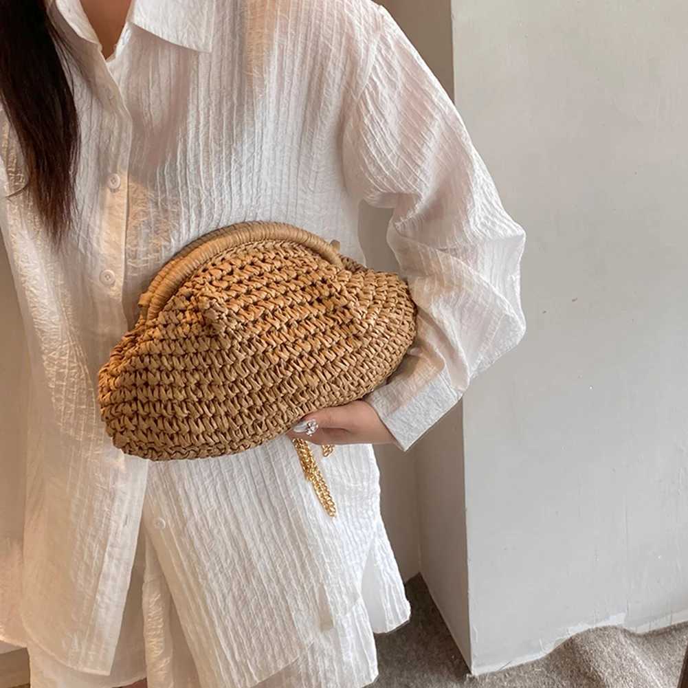 Women Straw Woven Bag Chain Strap Straw Clutch Purse Large Capacity Stylish Crossbody Bag Solid Color for Summer Beach XJ2520616