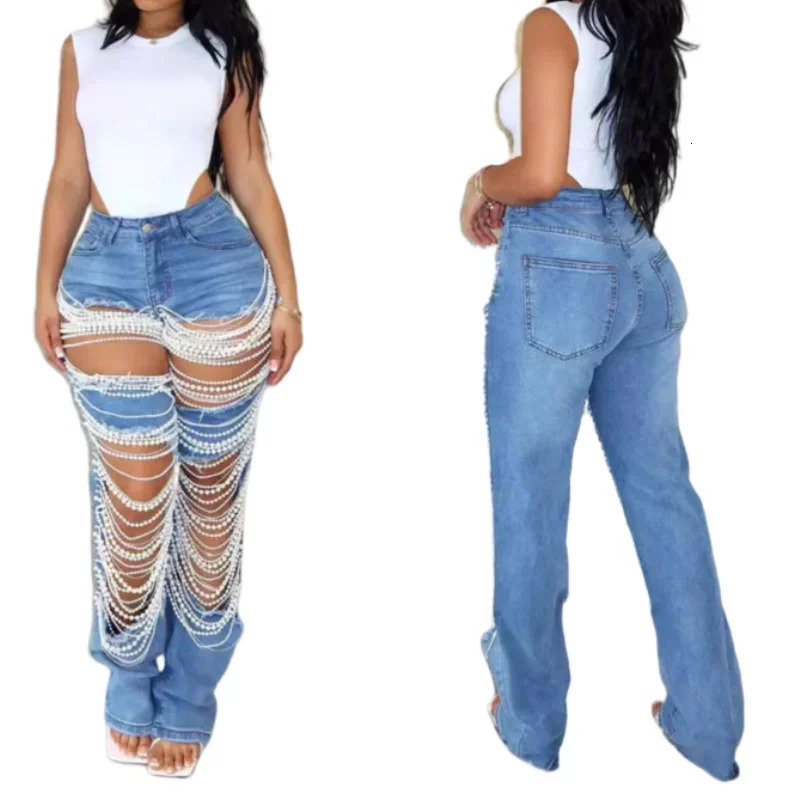 Jeans Women Long Pants Denim Pant Hole Pearl Slim Mom Blue Sexy Y2k Streetwear Casual Elegant Button Pocket Trousers Summer 250609