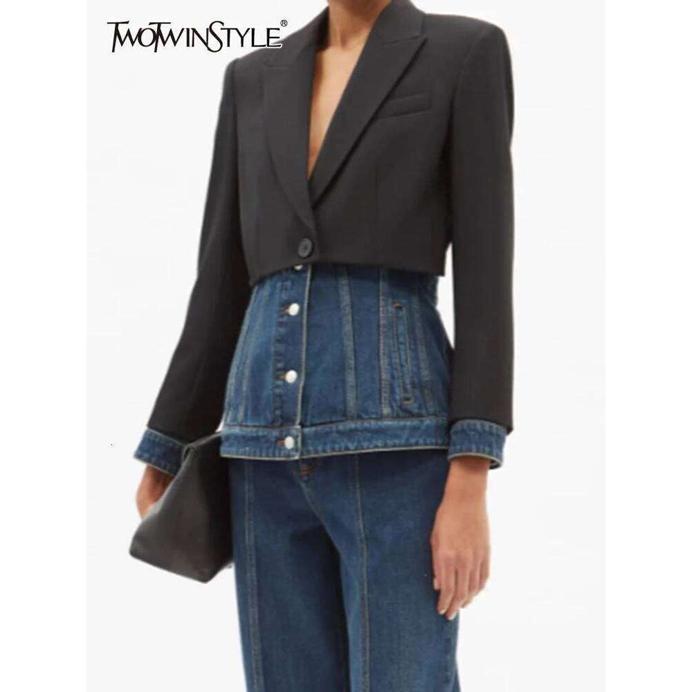 TWOTWINSTYLE Hit Color Patchwork Denim Blazer For Women Notched Collar Long Sleeve Spliced Button Designer Blazers Female New