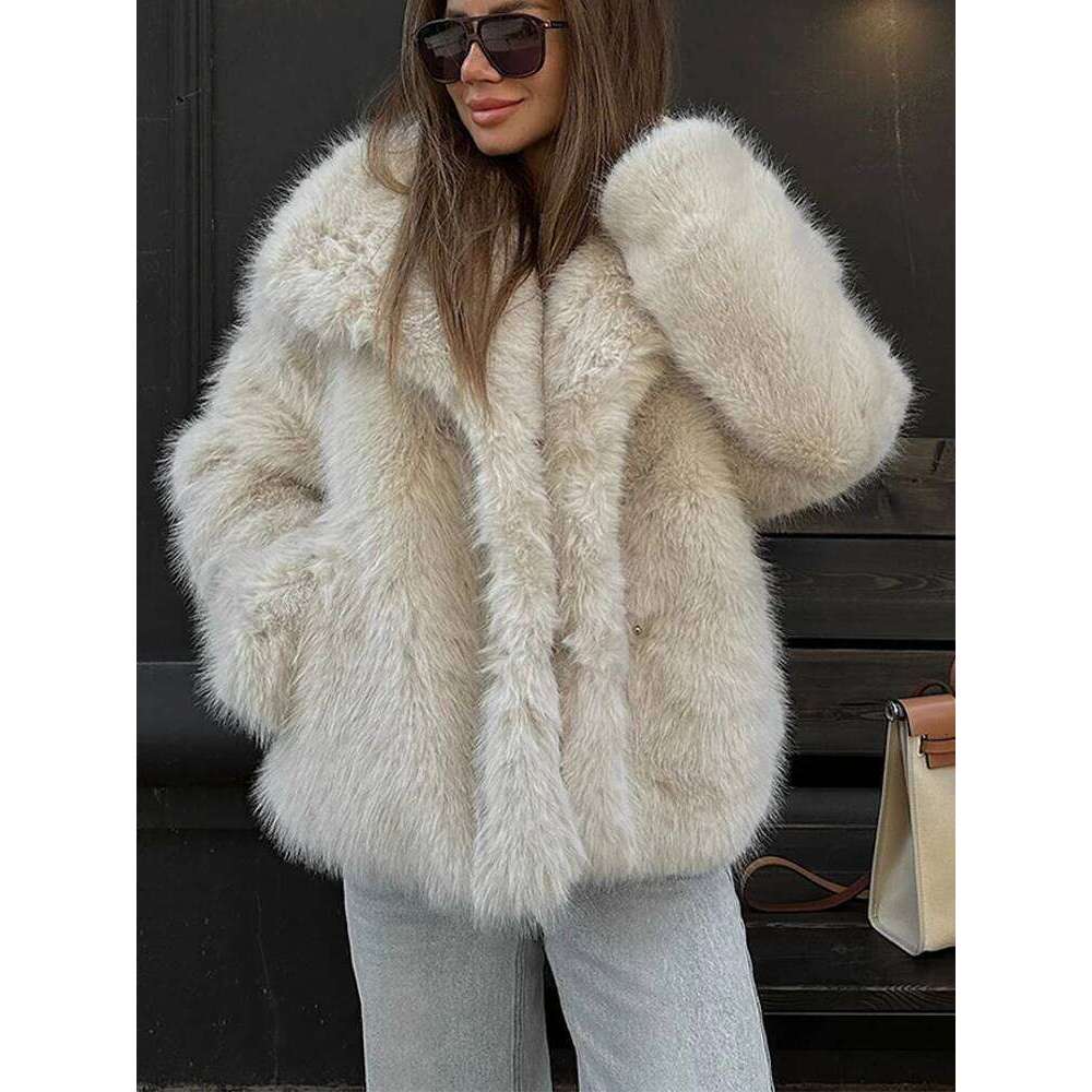 Vintage Large Lapel Faux Fur Coats Women Casual Plush Solid Hidden Button Coat Female Winter Thick Warm Chic Street Outwear