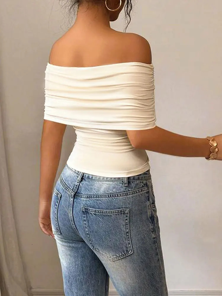 Summer T-shirt Women Fashion Slash Neck Streetwear Casual Slim Versatile Tees Solid Sexy Off Shoulder Elegant Lady Clothing 250614