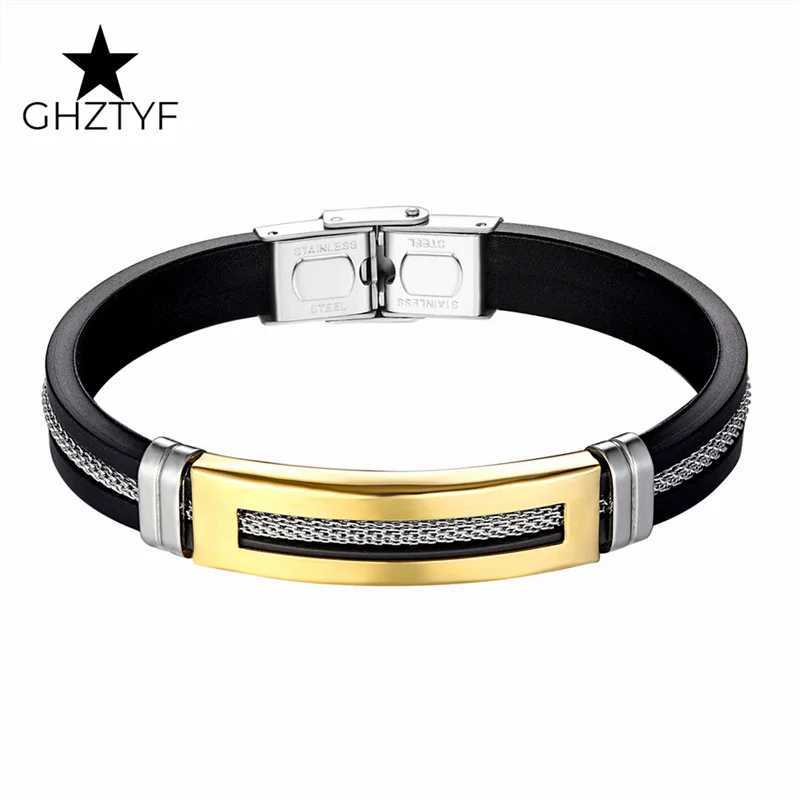 Golden Chain Stainless Steel for Men Women Teens Black Rubber Belt Wristband Cuff Bangle Male Hand Jewelry Gifts Z250616