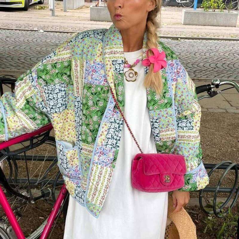 2024 Vintage Flower Print Cotton for Women Casual Lapel Long Sleeve Pocket Coat Female Fashion Streetwear Cardigan Jacket