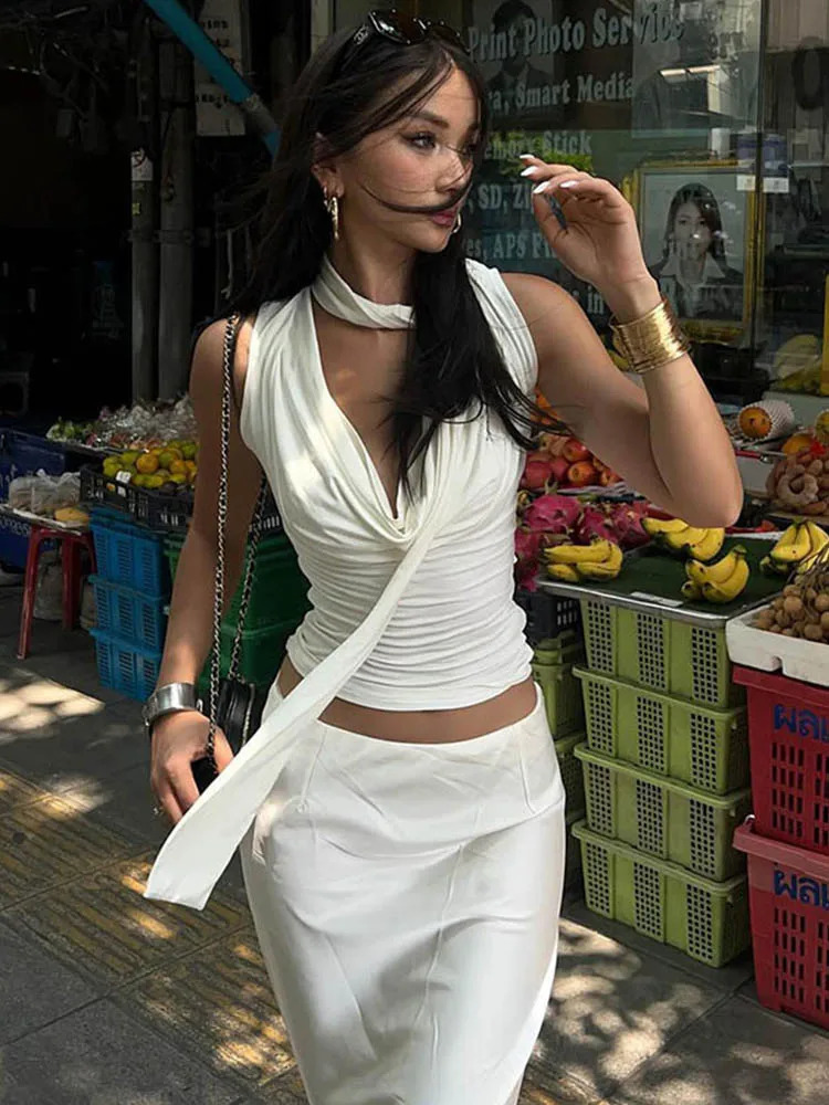 Solid Tank Summer Women Sexy Sleeveless V-Neck Lady Top Fashion Bandage Streetwear Casual Slim Tank Elegant Knitted Clothing 250614
