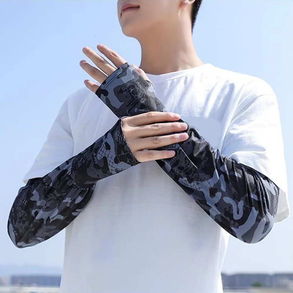 Fashion Camouflage Print Ice Silk Anti-UV Arm Sleeves Breathable Men Sunscreen Sleeves Non-slip Half Finger Fishing Run Sleeves 250610