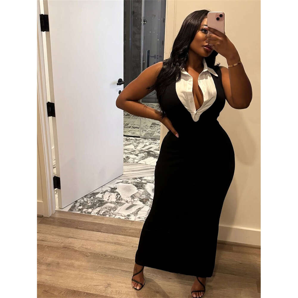 New Fashion Color Block Slim Fit Sexy Turn-Down Collar Sleeveless Bodycon Split Long Dress For Women B5