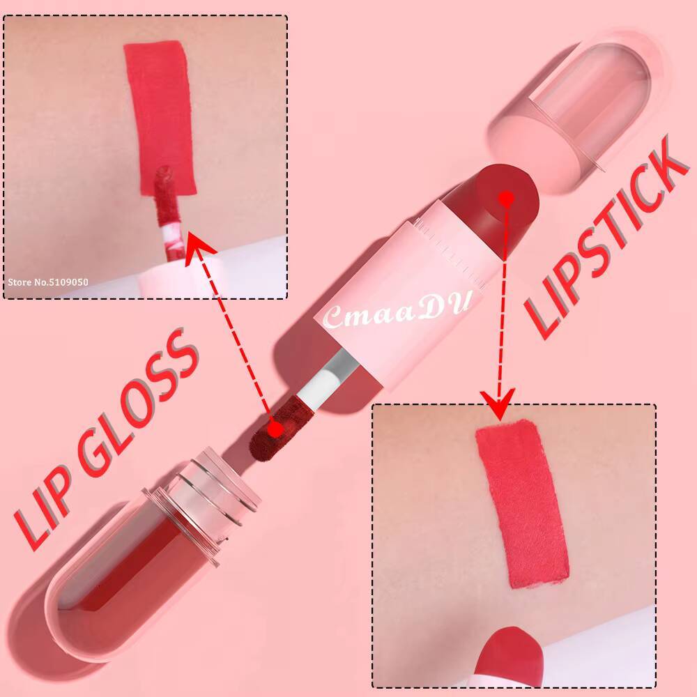 Lipstick Gloss 2-in-1 Matte Color Velvet Glaze Waterproof Long Lasting Non-marking Natural Lip Tint Blam Cosmetic happy