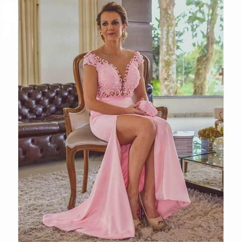 Pink Side Split Mermaid Mother of the Bride Dress Backless Floor Length Long Formal Party Gowns Mother's Dresses Elegant Prom Dresses