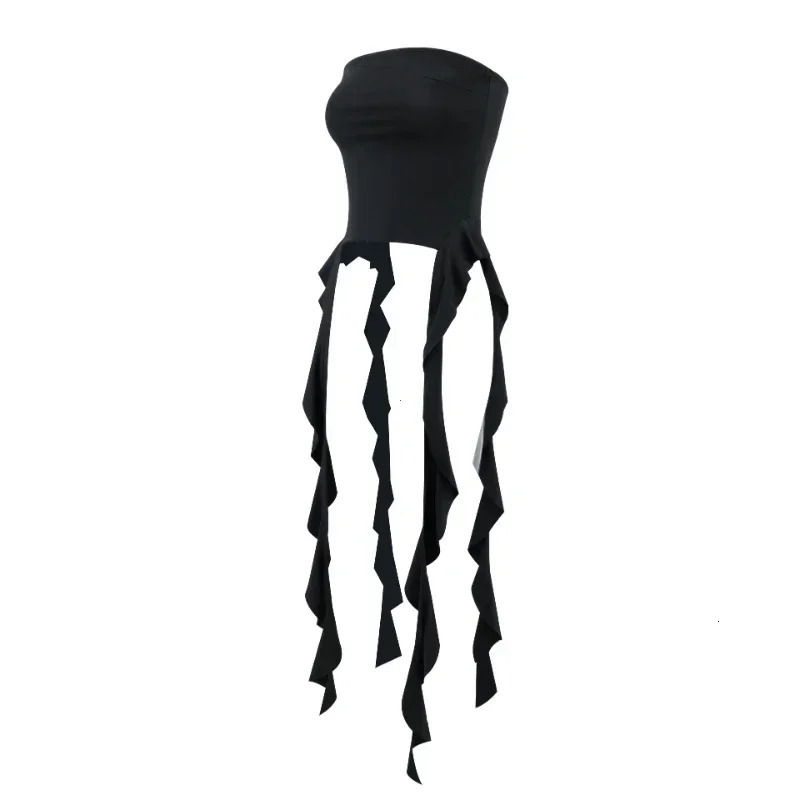Y2k Tank Tops Asymmetrical Fringed Ruffle Top Streetwear Black Strapless Womans Summer Clothes Tank Top Women 2025 250614
