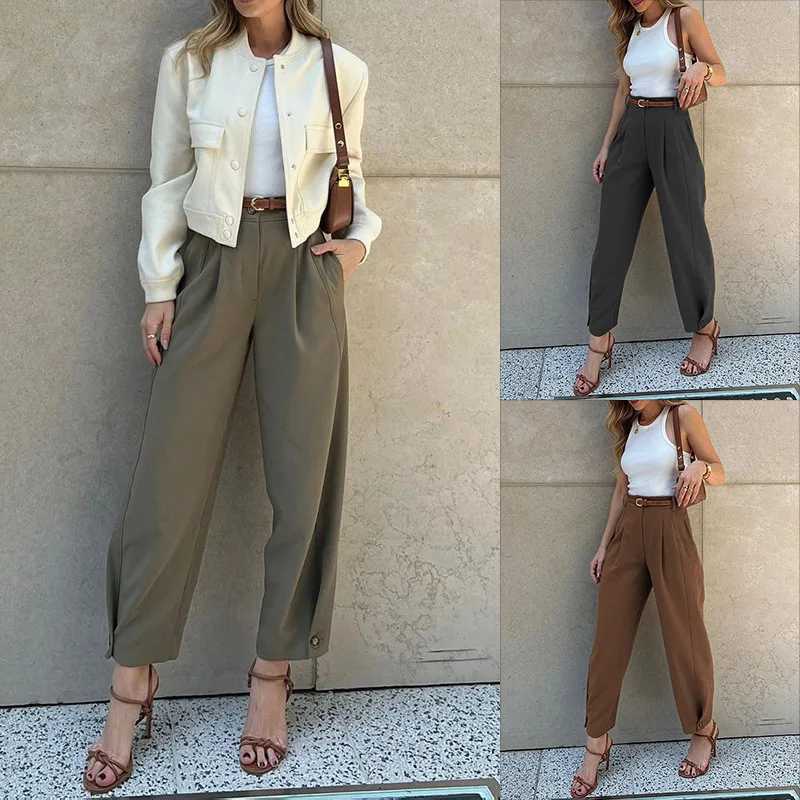 BAMBOOBOY Women Casual Office Lady Ankle Banded Pants Work Solid Color Tailored Draped Simple Ankle-Length Trousers with Pockets XJ250616