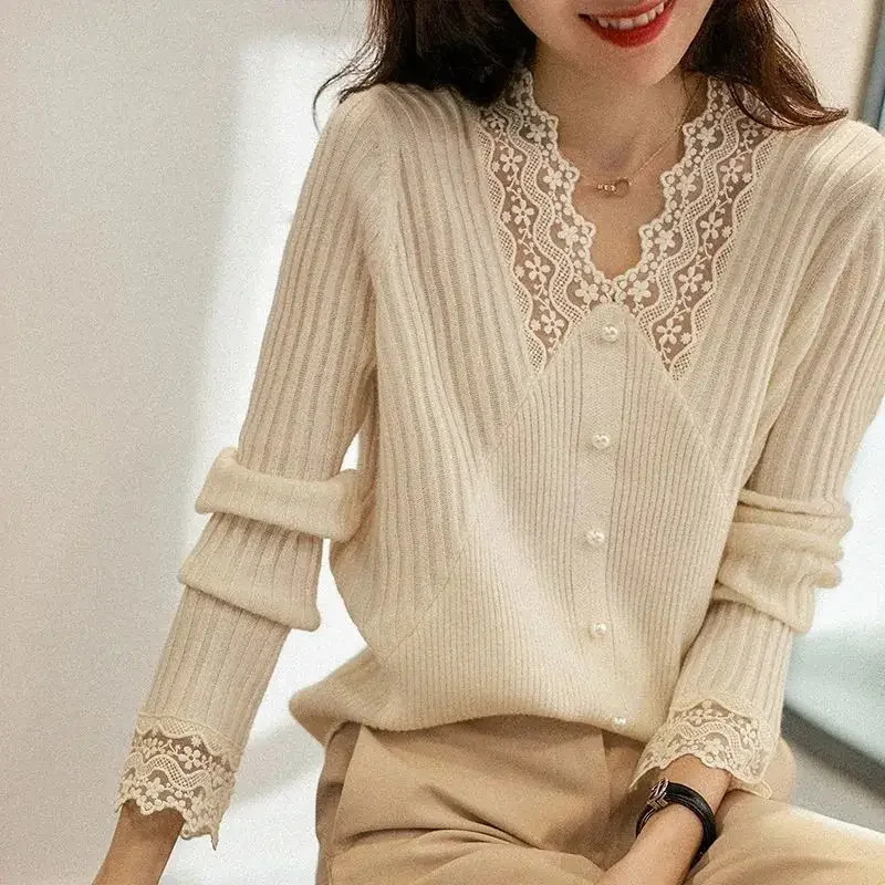 Lace Sweaters for Women Fashion Korean Womens Sweater Trend Long Sleeve Jumper Knitted Harajuku Clothes Crochet Tops Black 250614