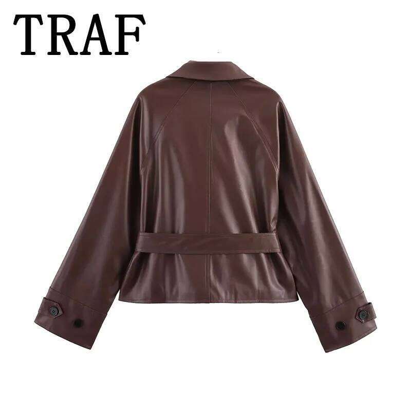TRAF Women's 2025 Spring Lmitation Leather Short Coat Oversize Loose Jackets for Women Streetwear Casual New Outerwears